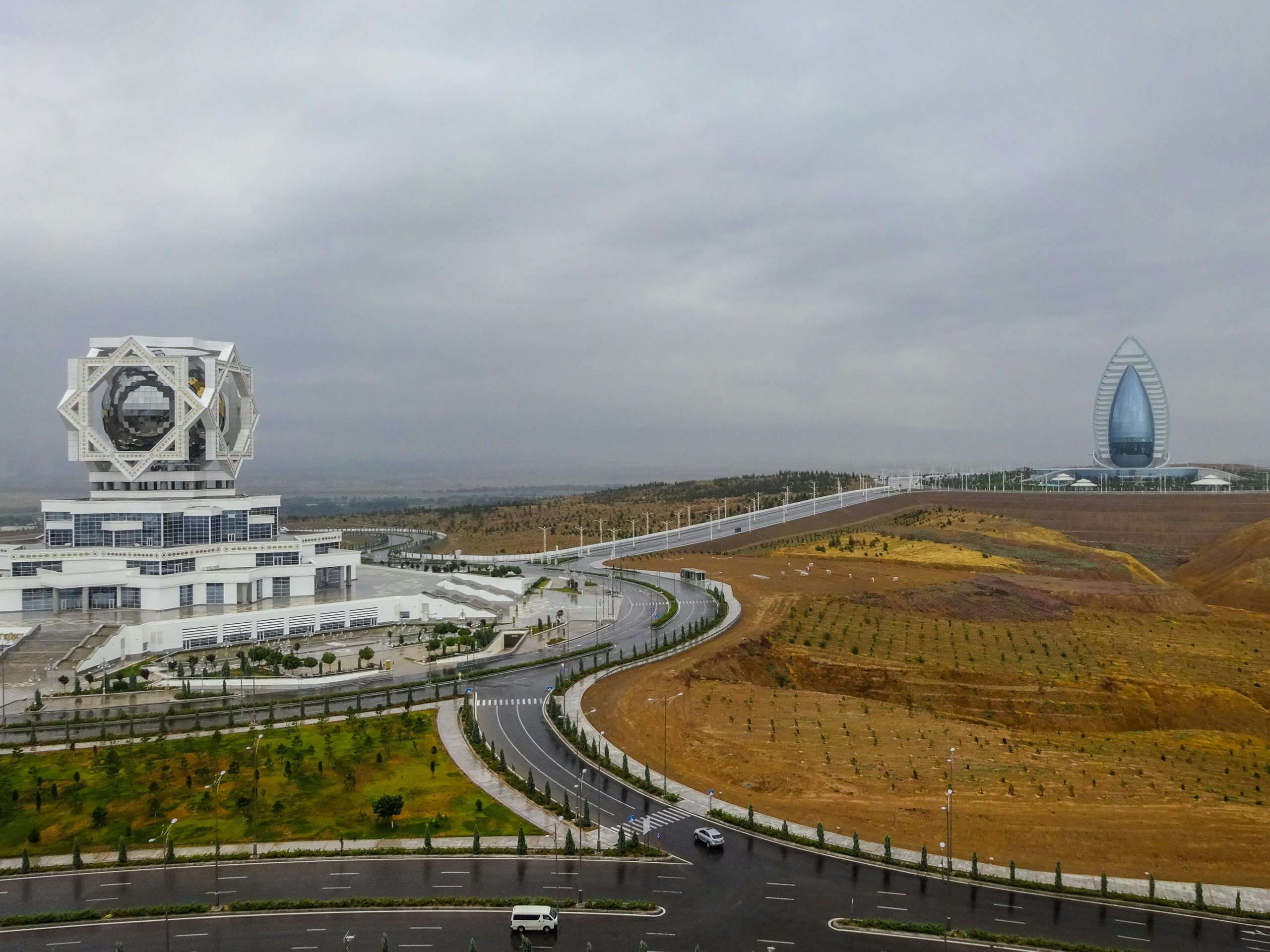 Aerial view of the Wedding Palace and Yyldyz Hotel in Ashgabat, Turkmenistan.